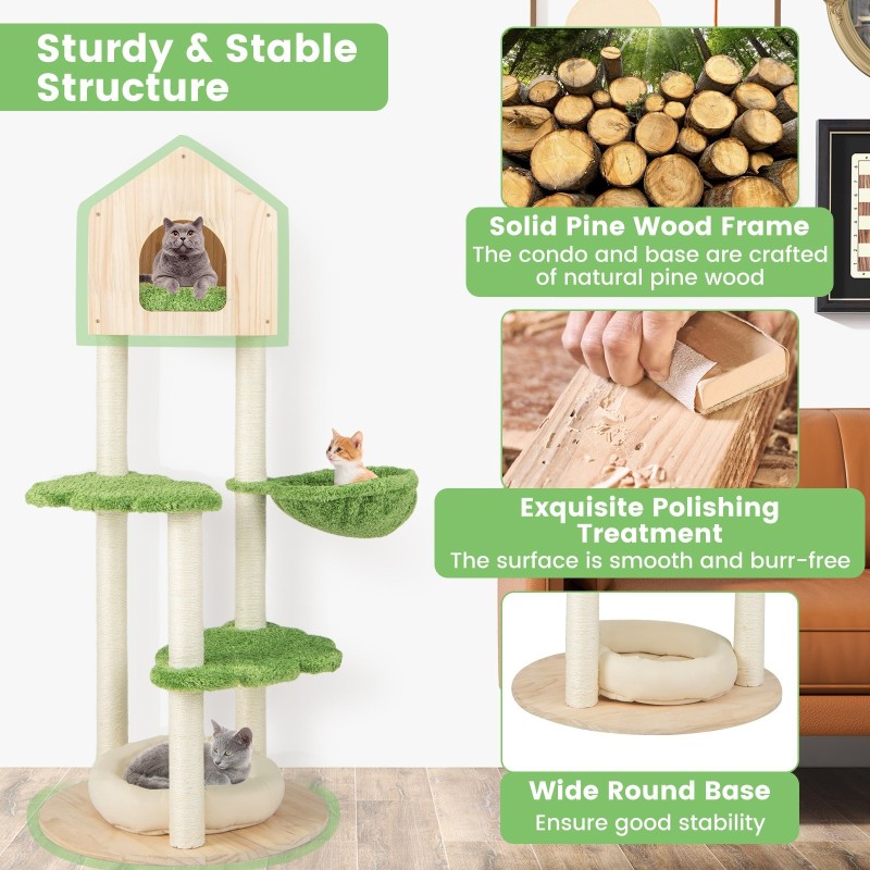 Puinen kissapuu sisal-raapimapylväillä ja vihreällä kankaalla