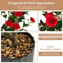 Punainen tekokamelia-puu 95 cm, kukilla ja koristekivillä