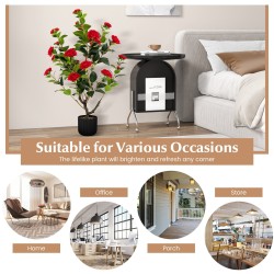 Punainen tekokamelia-puu 95 cm, kukilla ja koristekivillä