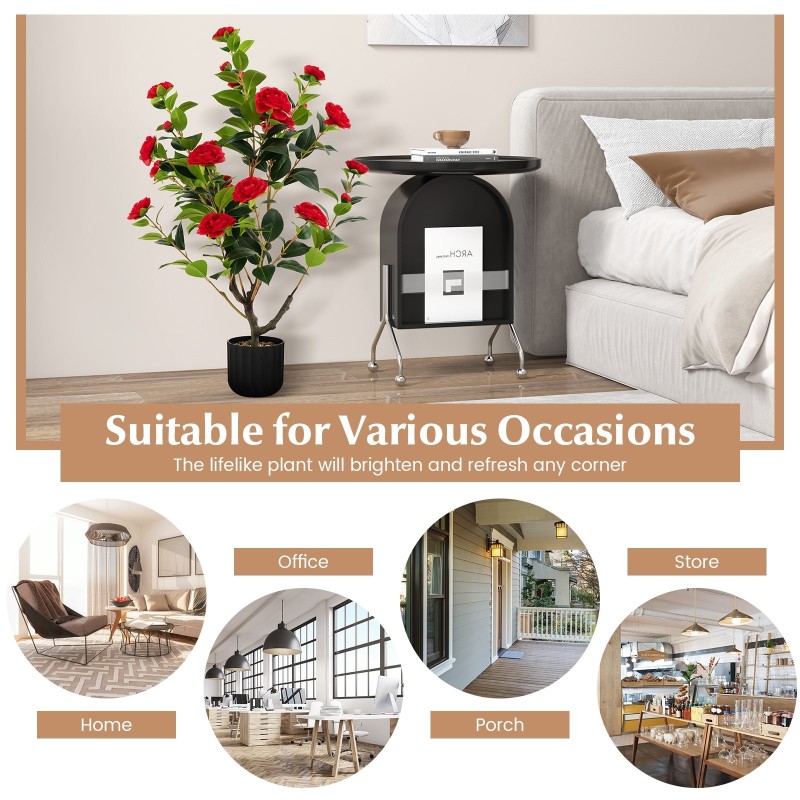 Punainen tekokamelia-puu 95 cm, kukilla ja koristekivillä