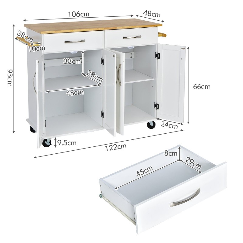 Liikuteltava keittiösaareke lukittavilla pyörillä ja kumipuupinnalla
