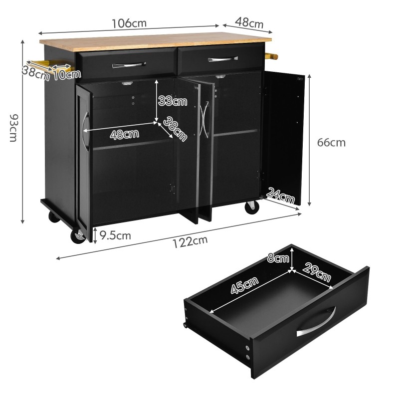Keittiösaareke lukittavilla pyörillä ja kumipuinen työtaso musta