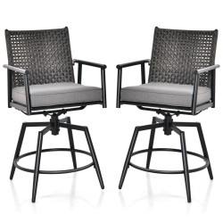 Kaksi mustaa kääntyvää patio baarijakkaraa rottinki ja metalli