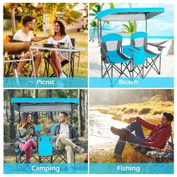 Kaksipaikkainen sininen campingtuoli aurinkosuojalla ja mini-pöydällä