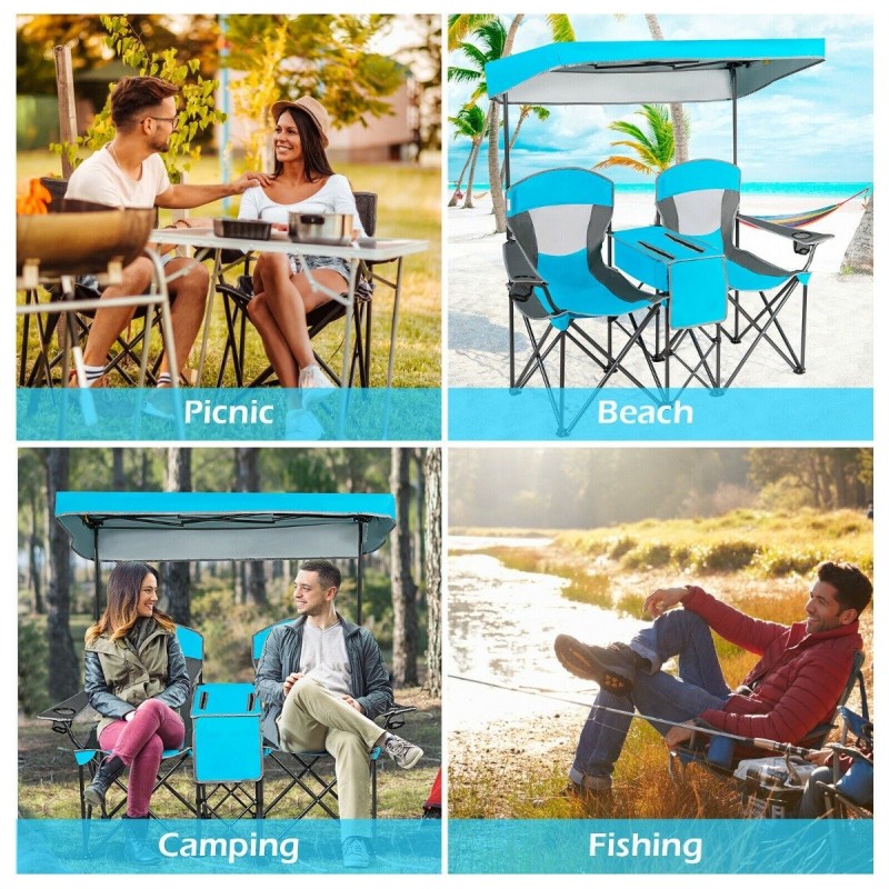 Kaksipaikkainen sininen campingtuoli aurinkosuojalla ja mini-pöydällä