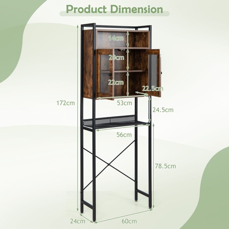 Rustiikkinen yläpuolinen wc-säilytyskaappi metallirungolla, ruskea