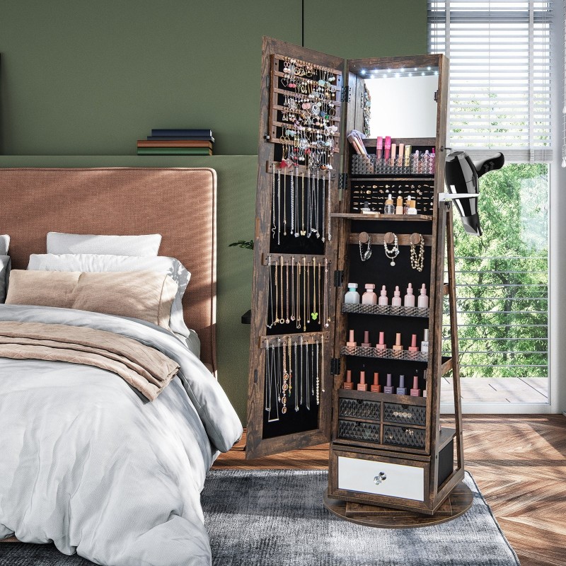 360° kääntyvä lukittava korukaappi kokopitkällä peilillä ruskea