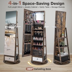 360° kääntyvä lukittava korukaappi kokopitkällä peilillä ruskea