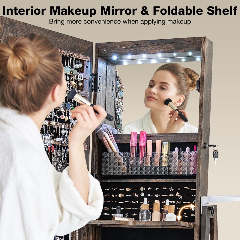 360° kääntyvä lukittava korukaappi kokopitkällä peilillä ruskea