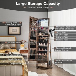 360° kääntyvä lukittava korukaappi kokopitkällä peilillä ruskea