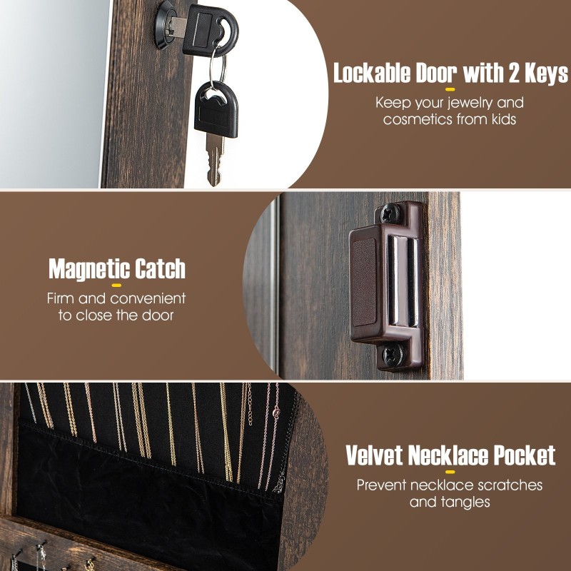 360° kääntyvä lukittava korukaappi kokopitkällä peilillä ruskea