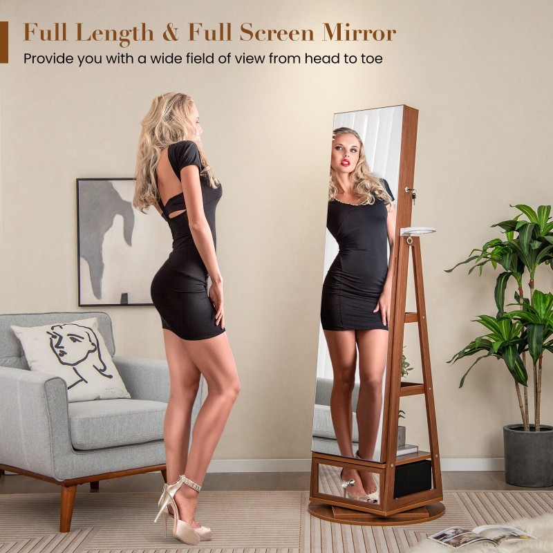 360° kääntyvä lukittava korukaappi täyspitkällä peilillä - pähkinäpuu