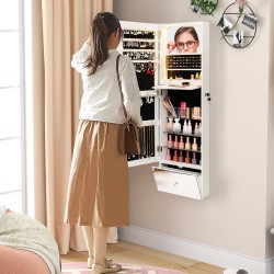 Seinään kiinnitettävä valkoinen LED-korukaappi peilillä