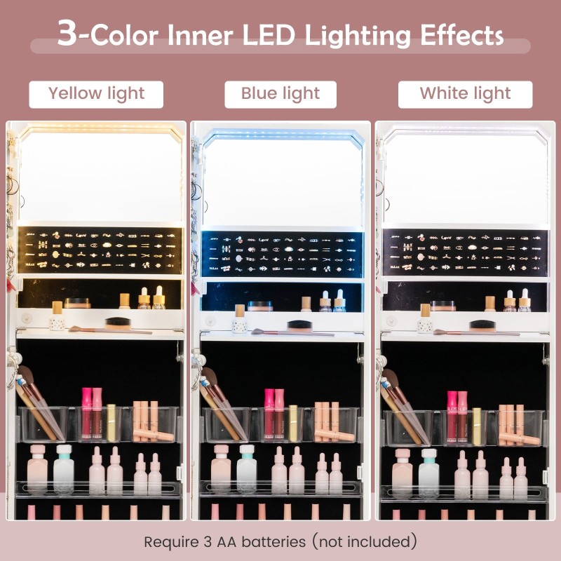 Seinään kiinnitettävä valkoinen LED-korukaappi peilillä