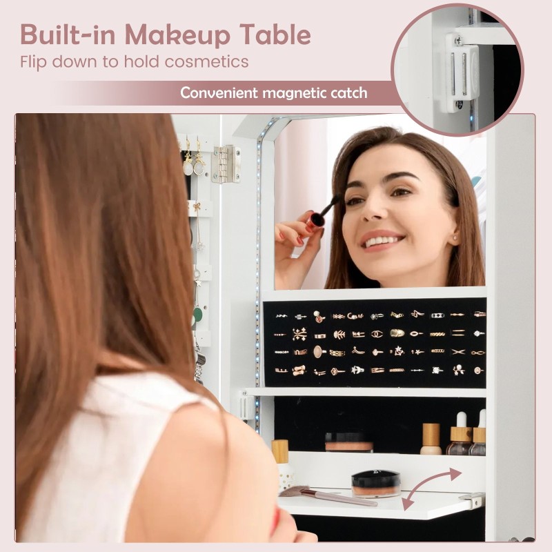 Seinään kiinnitettävä valkoinen LED-korukaappi peilillä