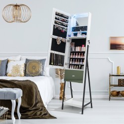 Lukittava valkoinen korukaappi kokovartalopeilillä ja LED-valoilla