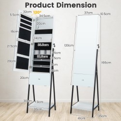 Lukittava valkoinen korukaappi kokovartalopeilillä ja LED-valoilla