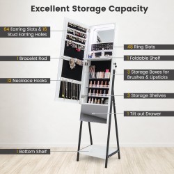 Lukittava valkoinen korukaappi kokovartalopeilillä ja LED-valoilla