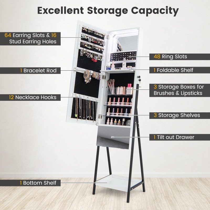 Lukittava valkoinen korukaappi kokovartalopeilillä ja LED-valoilla