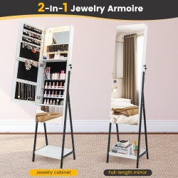 Lukittava valkoinen korukaappi kokovartalopeilillä ja LED-valoilla