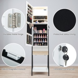 Lukittava valkoinen korukaappi kokovartalopeilillä ja LED-valoilla