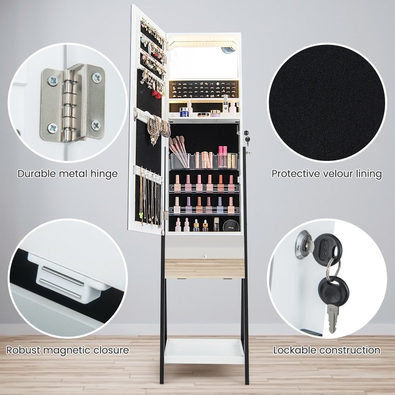 Lukittava valkoinen korukaappi kokovartalopeilillä ja LED-valoilla