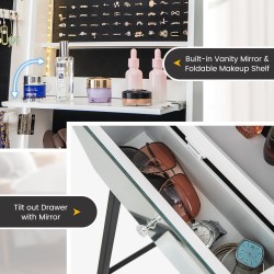 Lukittava valkoinen korukaappi kokovartalopeilillä ja LED-valoilla