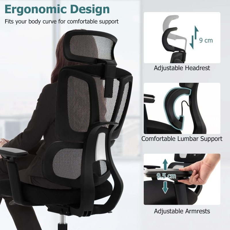 Ergonominen musta työtuoli säädettävällä lannerangan tuella