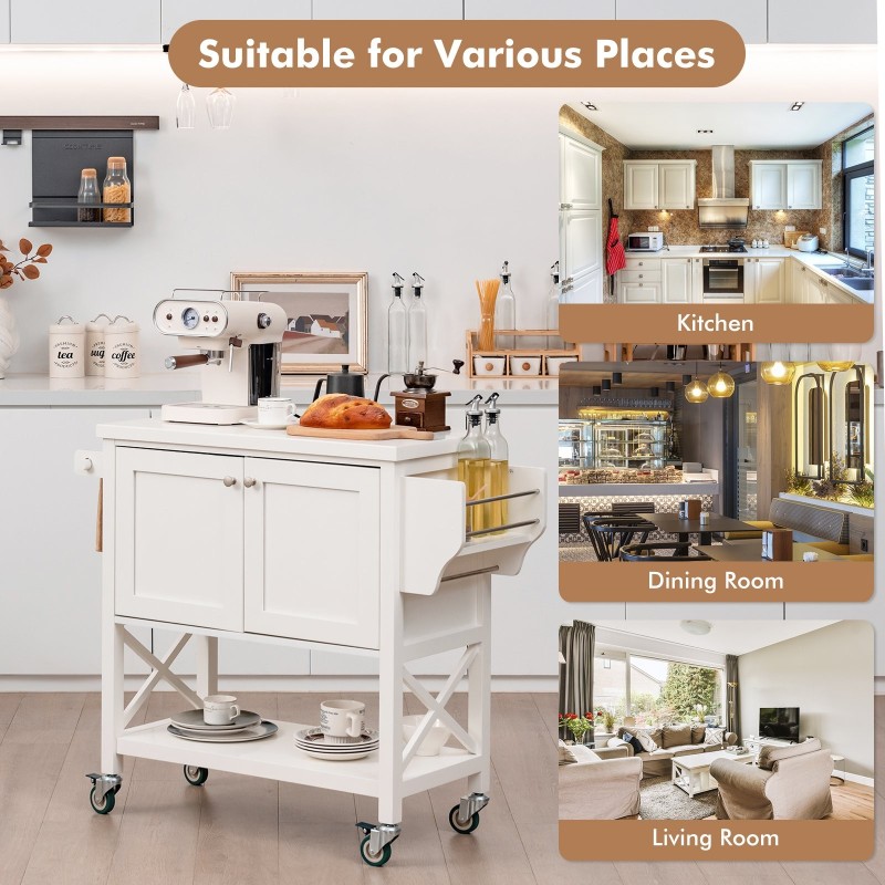 Valkoinen keittiön rullakärry säilytyskaapilla ja maustetelineellä