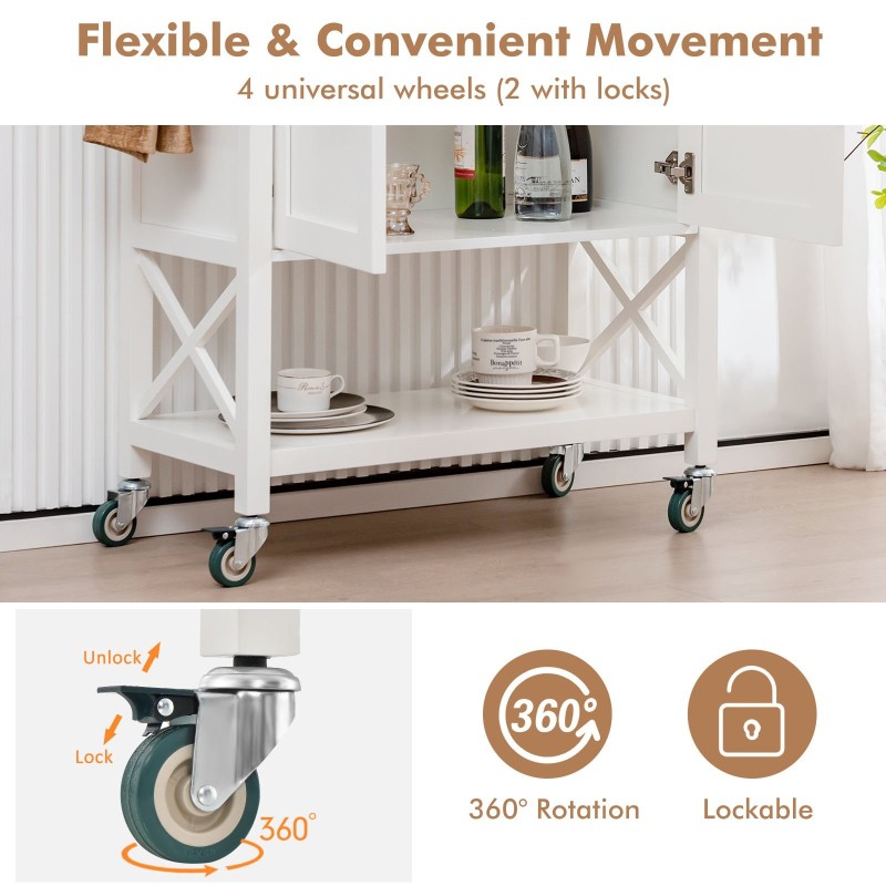 Valkoinen keittiön rullakärry säilytyskaapilla ja maustetelineellä