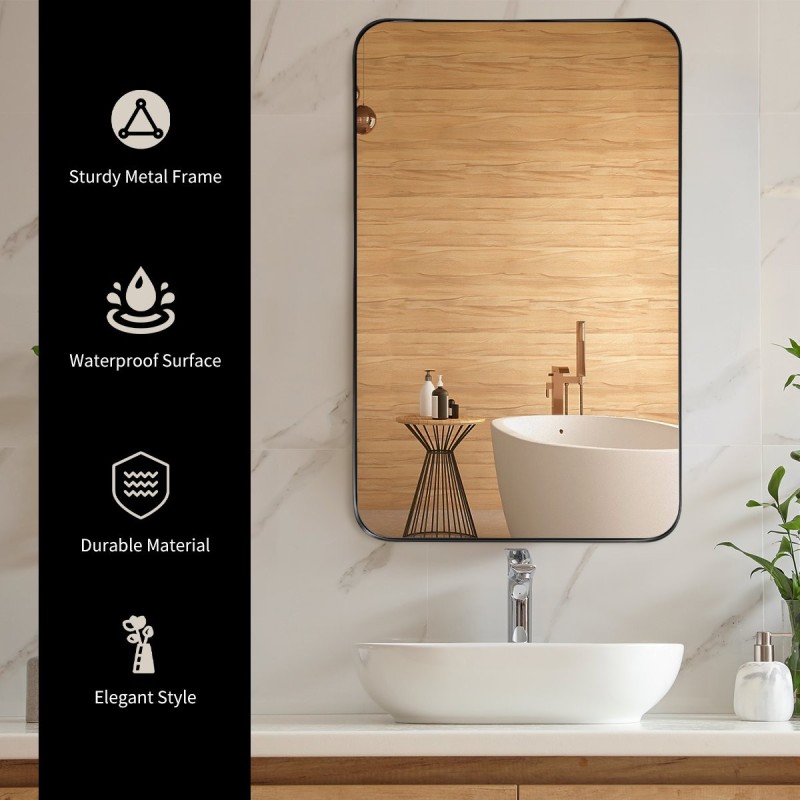 Musta kylpyhuoneen seinäpeili pyöristetyillä kulmilla