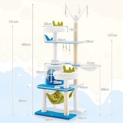Monitasoinen sininen kissatorni sisal-raapimapylväillä