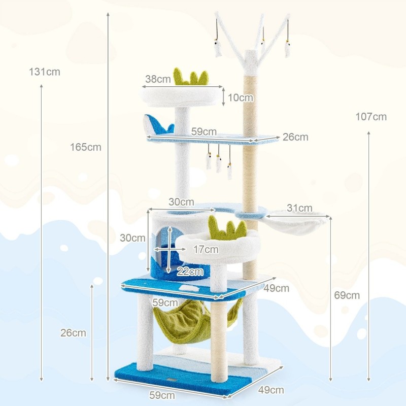 Monitasoinen sininen kissatorni sisal-raapimapylväillä