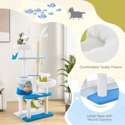 Monitasoinen sininen kissatorni sisal-raapimapylväillä