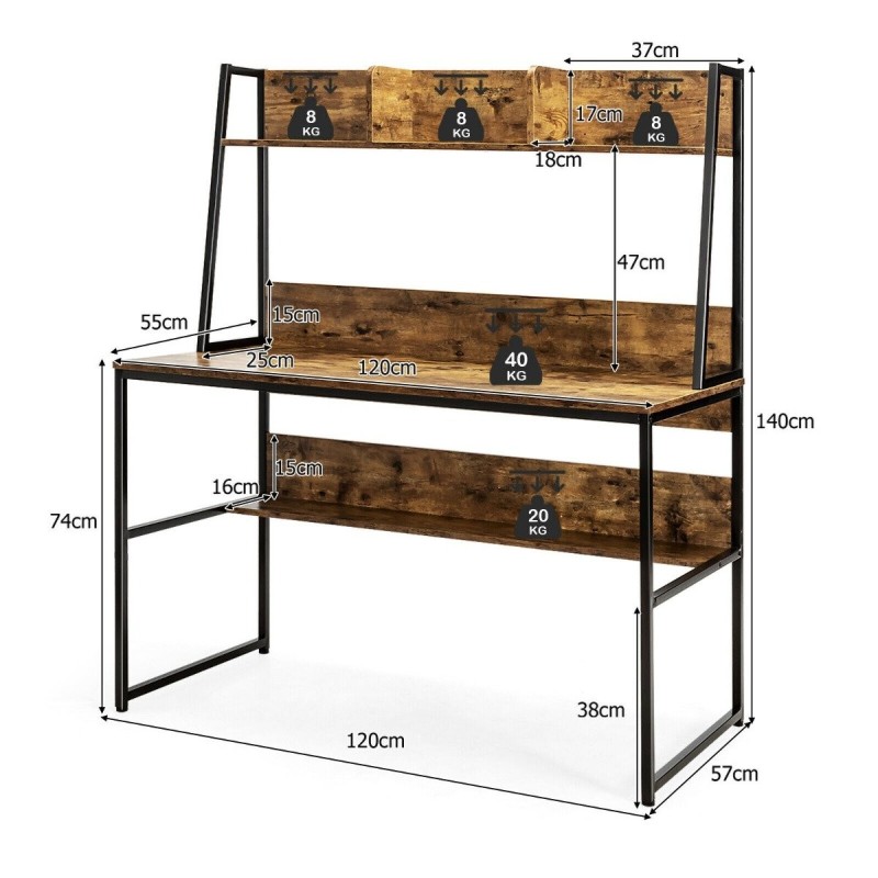 Tietokonepöytä kirjahyllyllä ja säädettävillä jaloilla, ruskea