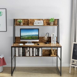 Tietokonepöytä kirjahyllyllä ja säädettävillä jaloilla, ruskea