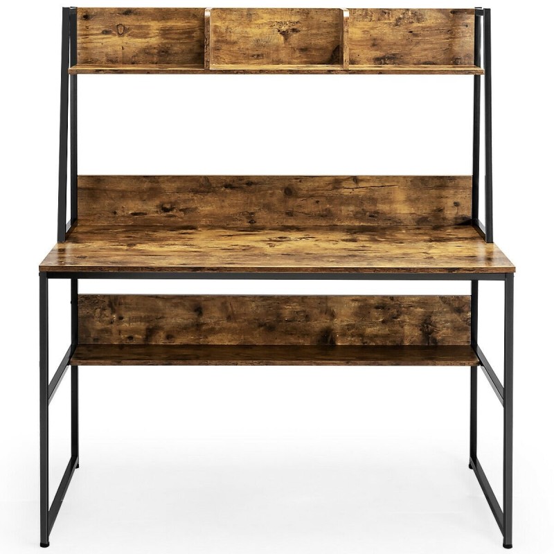 Tietokonepöytä kirjahyllyllä ja säädettävillä jaloilla, ruskea