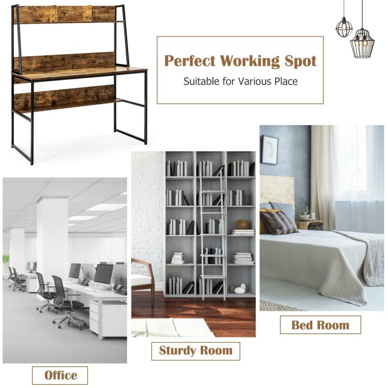 Tietokonepöytä kirjahyllyllä ja säädettävillä jaloilla, ruskea