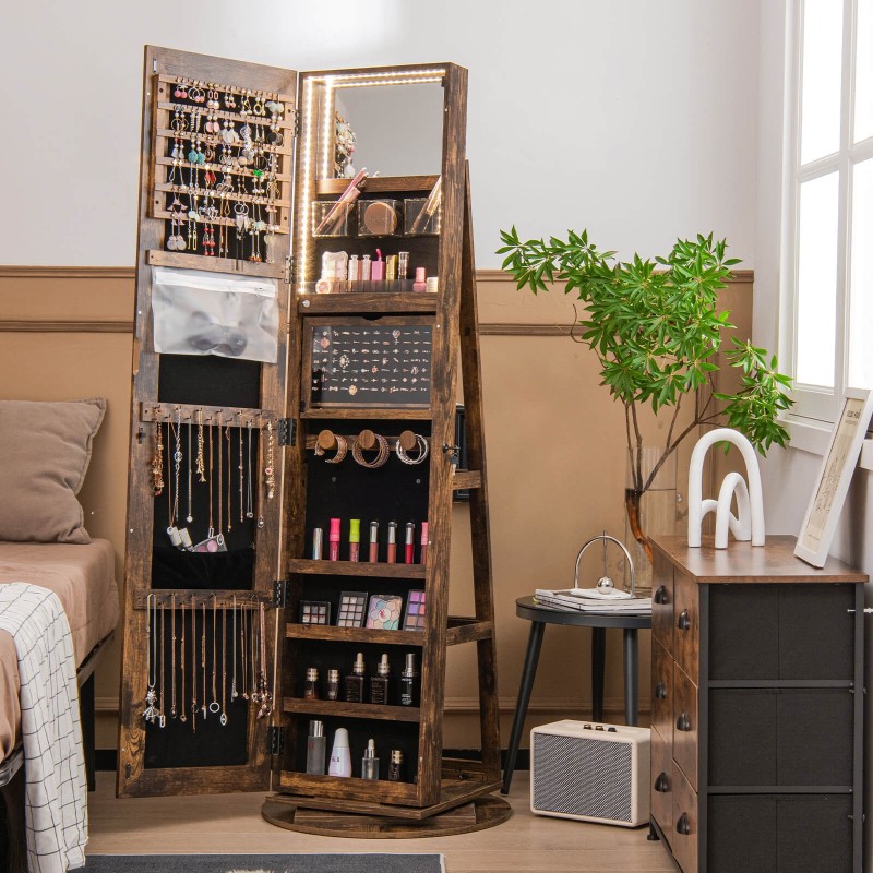 360 asteen peilillinen korukaappi LED-valoilla, rustiikkinen ruskea