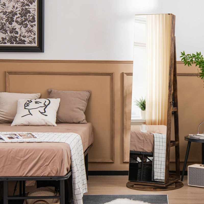 360 asteen peilillinen korukaappi LED-valoilla, rustiikkinen ruskea