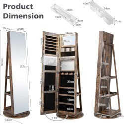 360 asteen peilillinen korukaappi LED-valoilla, rustiikkinen ruskea