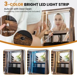 360 asteen peilillinen korukaappi LED-valoilla, rustiikkinen ruskea