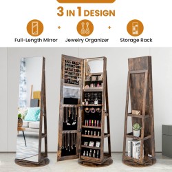 360 asteen peilillinen korukaappi LED-valoilla, rustiikkinen ruskea