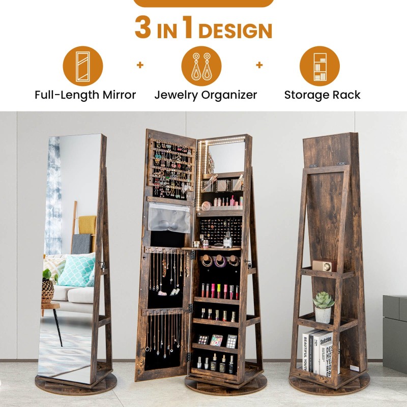 360 asteen peilillinen korukaappi LED-valoilla, rustiikkinen ruskea