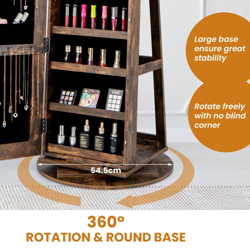 360 asteen peilillinen korukaappi LED-valoilla, rustiikkinen ruskea