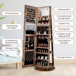 360 asteen peilillinen korukaappi LED-valoilla, rustiikkinen ruskea