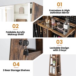 360 asteen peilillinen korukaappi LED-valoilla, rustiikkinen ruskea