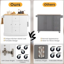 Suuri valkoinen liikuteltava keittiösaareke säädettävillä hyllyillä