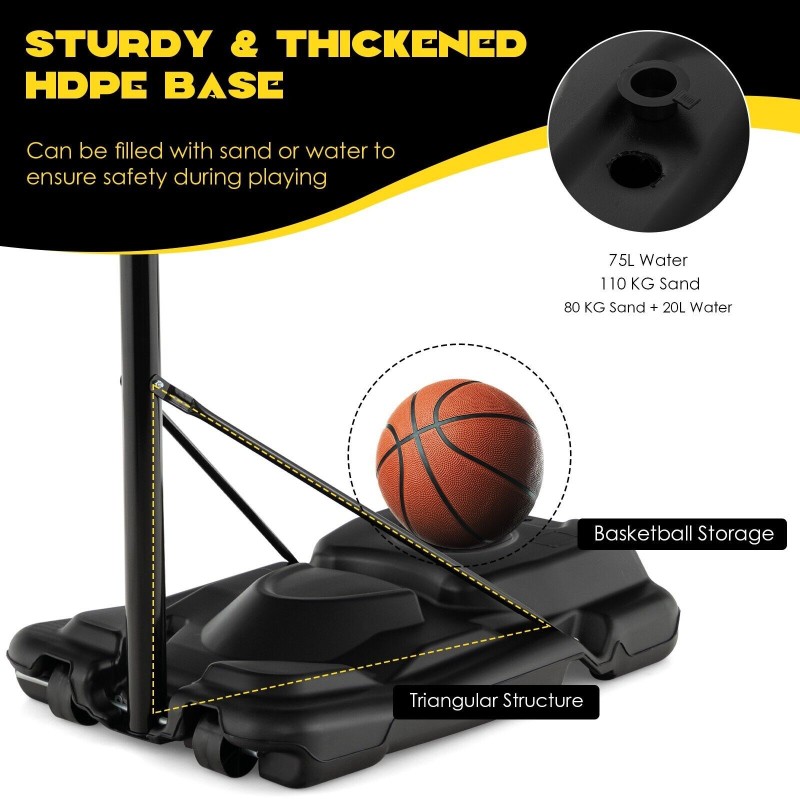 Säädettävä musta koripalloteline pyörillä ulko- ja sisäkäyttöön