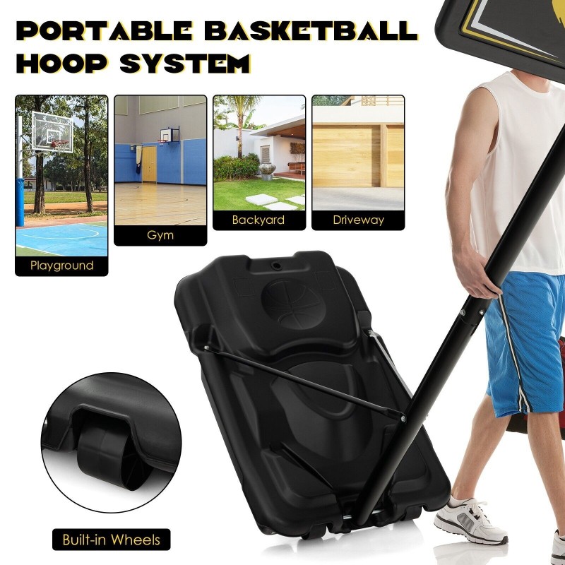 Säädettävä musta koripalloteline pyörillä ulko- ja sisäkäyttöön